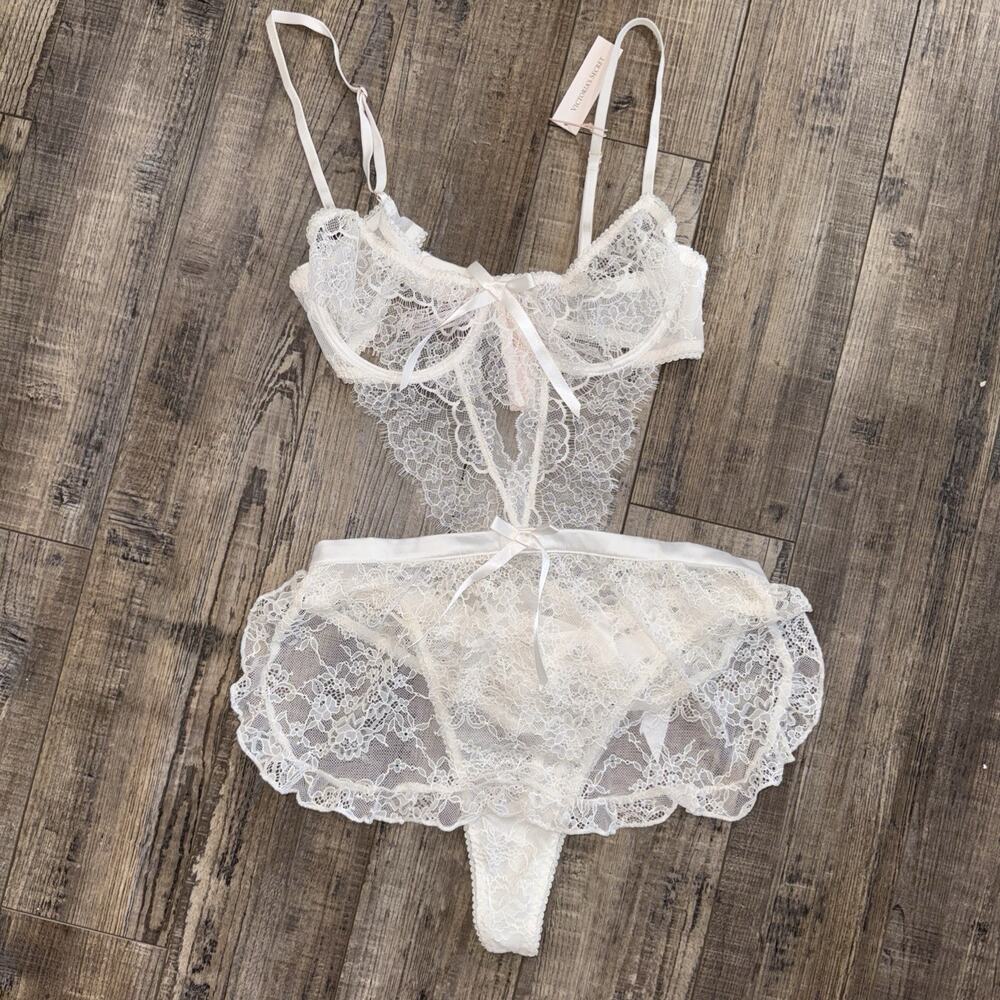 Victoria Secret White Lace Teddy Bridal Boudoir Lingerie Cosplay Romantic Lace